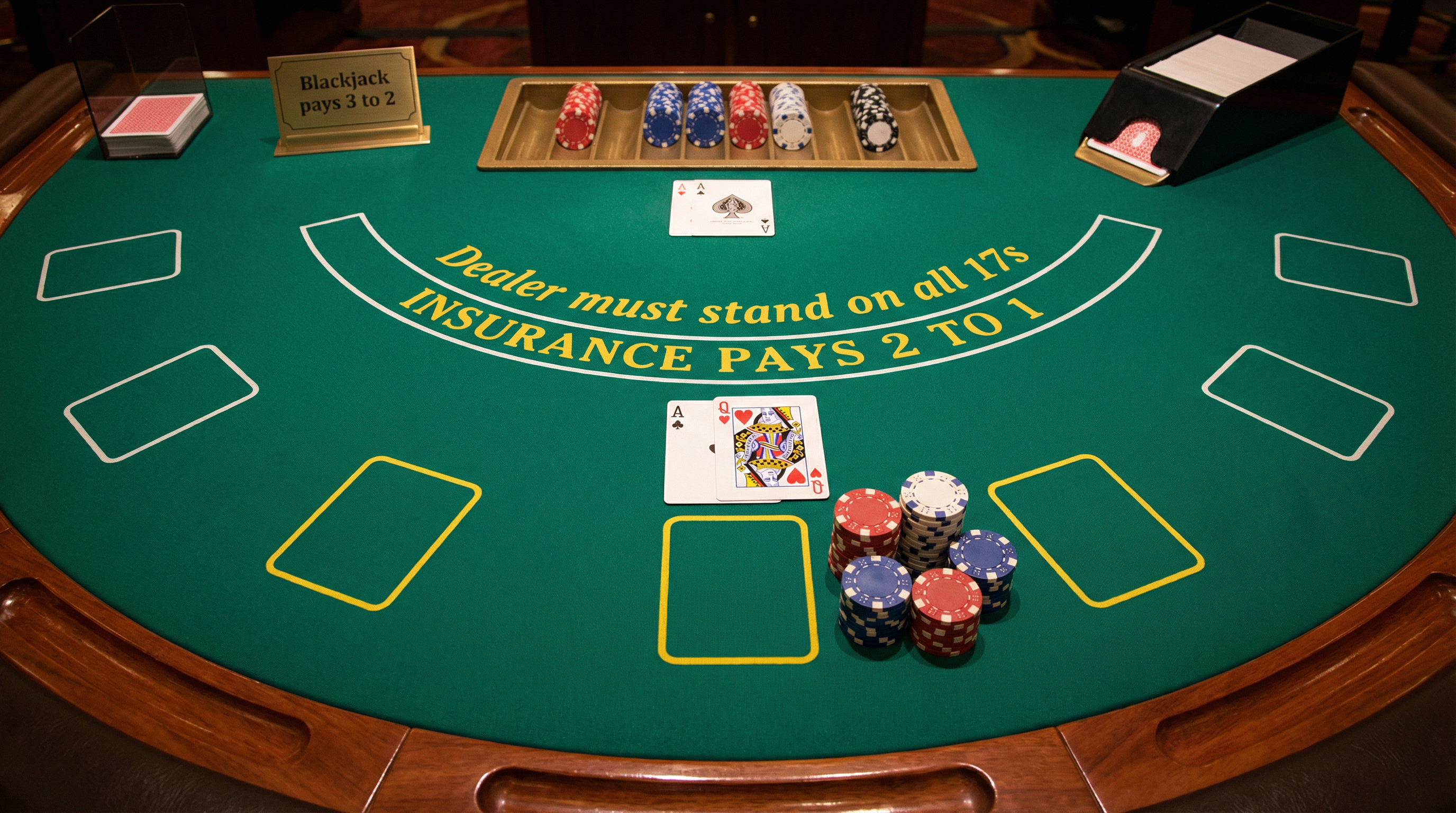 21点游戏桌面展示扑克牌和筹码